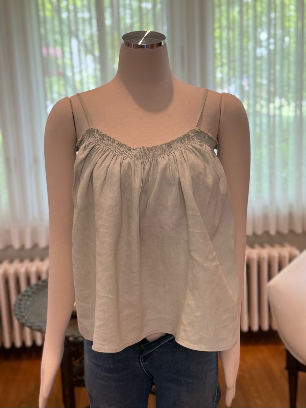 Women's Light Sage Linen-Cotton Spaghetti Strap Top